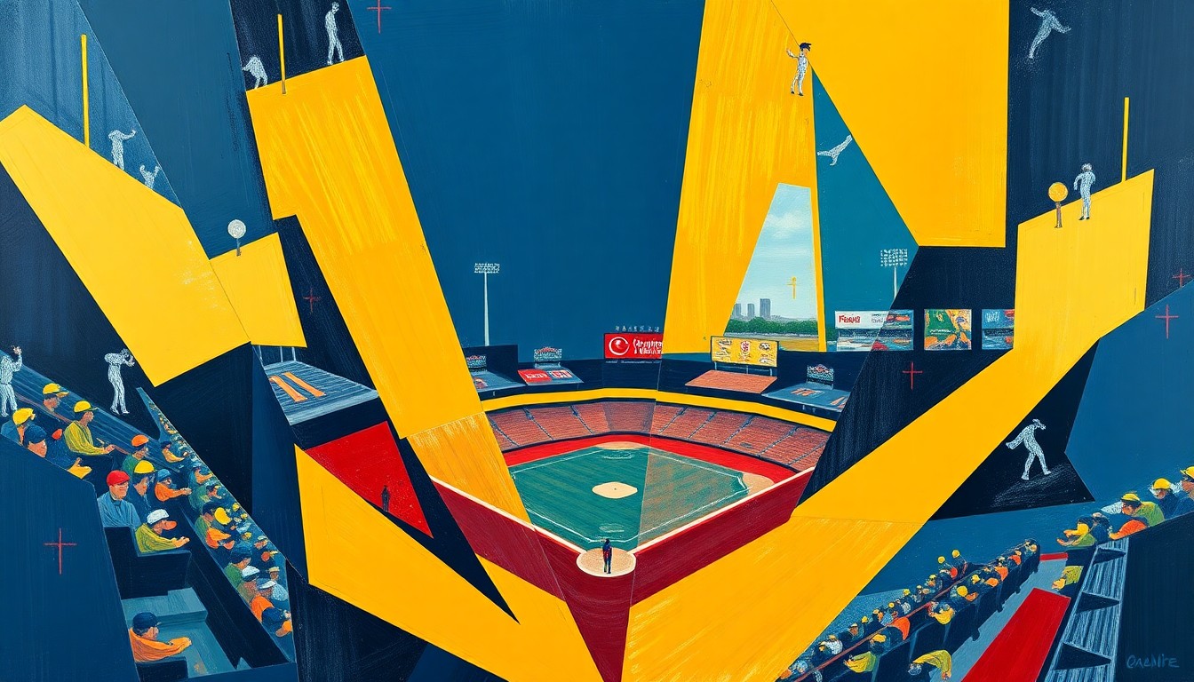 A cubist, geometric painting depicting a college baseball game, with overlapping planes of navy, gold, and red representing the dynamic action on the field.
