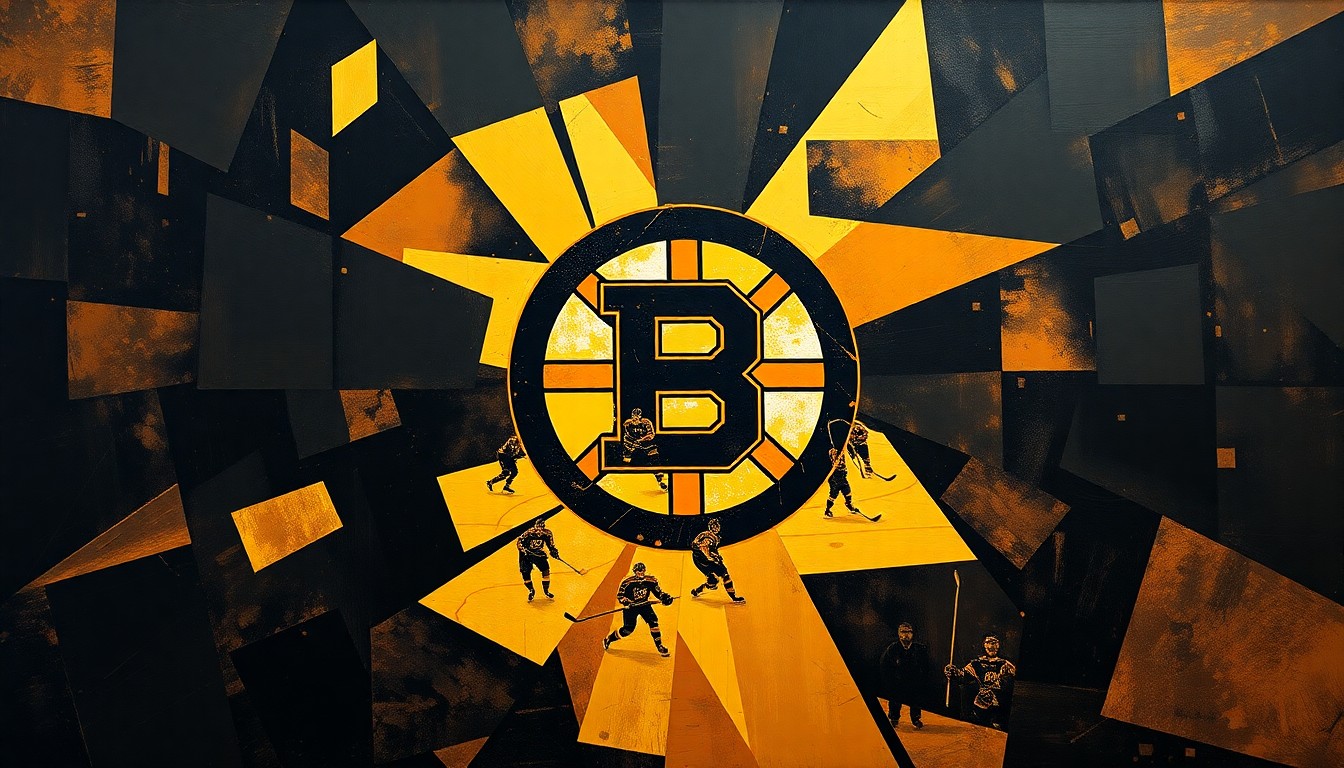 A fractured, multi-perspective painting in vibrant shades of black, gold, and brown, with the Bruins' logo and players' forms abstracted into angular, intersecting geometric shapes, conceptually representing the high-stakes, fragmented nature of their playoff chase.