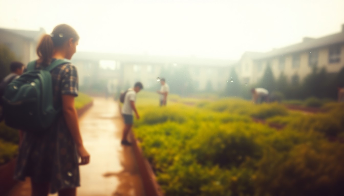 An abstract, impressionistic photograph depicting a blurred, hazy scene of students tending to a vibrant garden on a school campus, conveying a sense of loss and melancholy over the impending destruction of this educational resource.