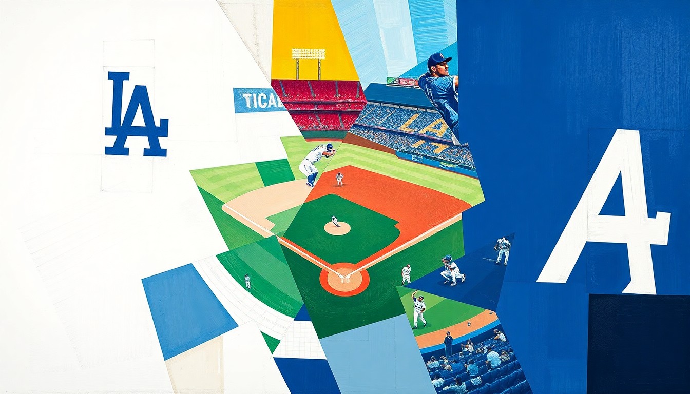 A fractured, geometric painting depicting a baseball game or match, with sharp, overlapping planes of color representing the Dodgers' players and their opponents in action, conveying the physical demands of their quest for a three-peat championship.