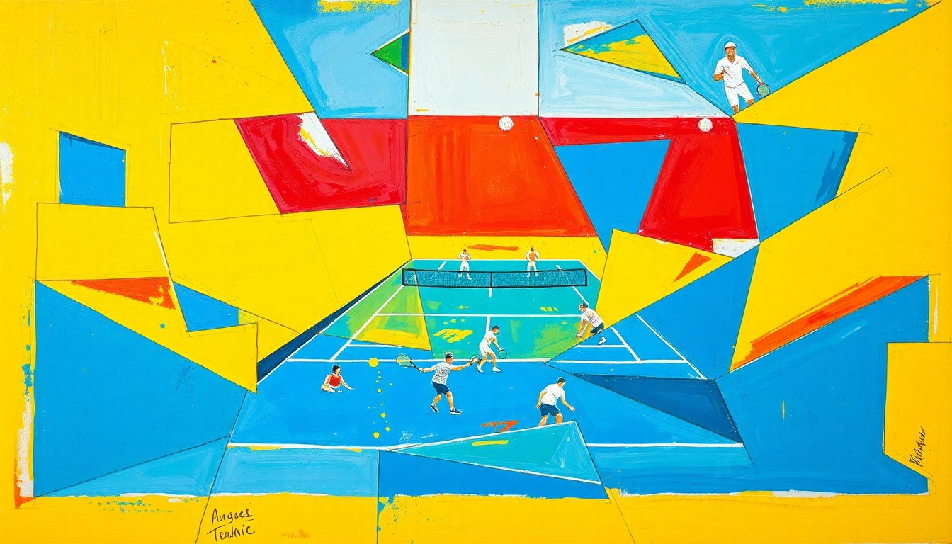 A cubist, geometric painting depicting a tennis match or competition, with sharp, overlapping planes of bright yellow, deep blue, and fiery red, capturing the dynamic energy and movement of the sport.