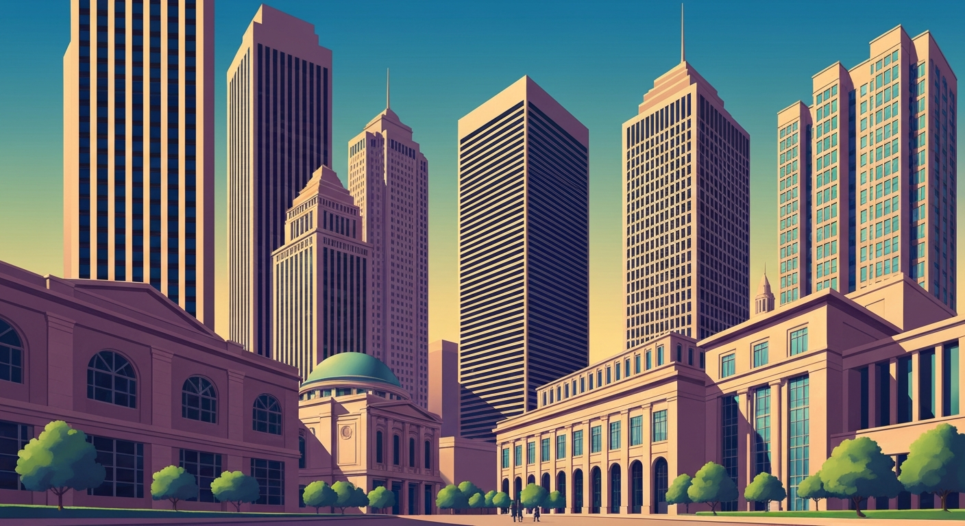 A highly stylized, geometric illustration depicting the towering skyline of Atlanta in bold, sweeping gradients of color, conceptually representing the grand scale and impact of the city's tourism industry.