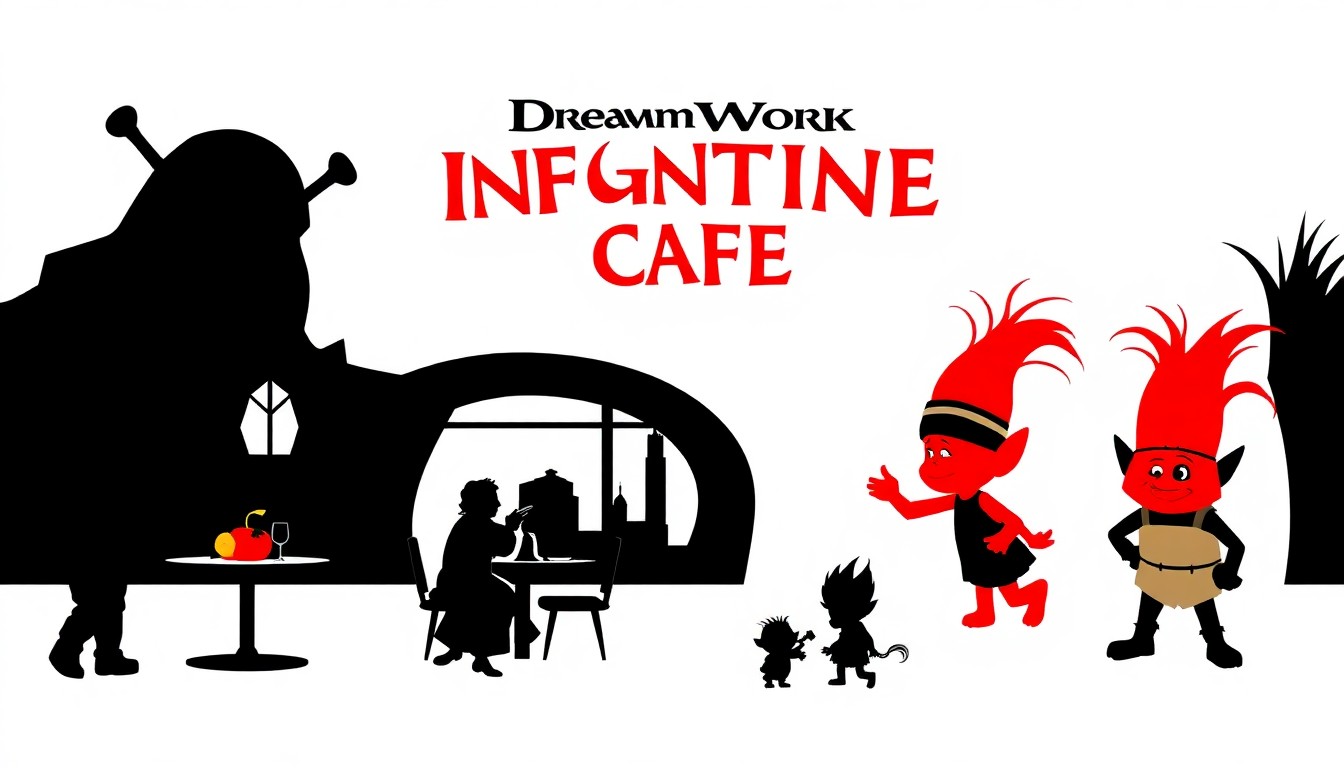 A bold, abstract illustration featuring jagged, geometric shapes and silhouettes in high-contrast colors, conceptually representing the vibrant, whimsical menu items and worlds of the DreamWorks Imagination Café.