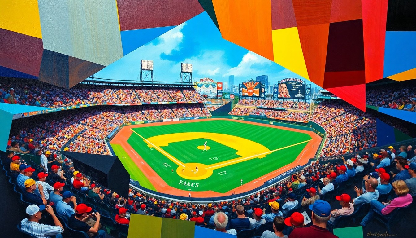 A cubist, geometric painting in primary colors depicting the action and energy of a baseball game at Yankee Stadium, with overlapping planes and fractured perspectives conveying the excitement of the sport.