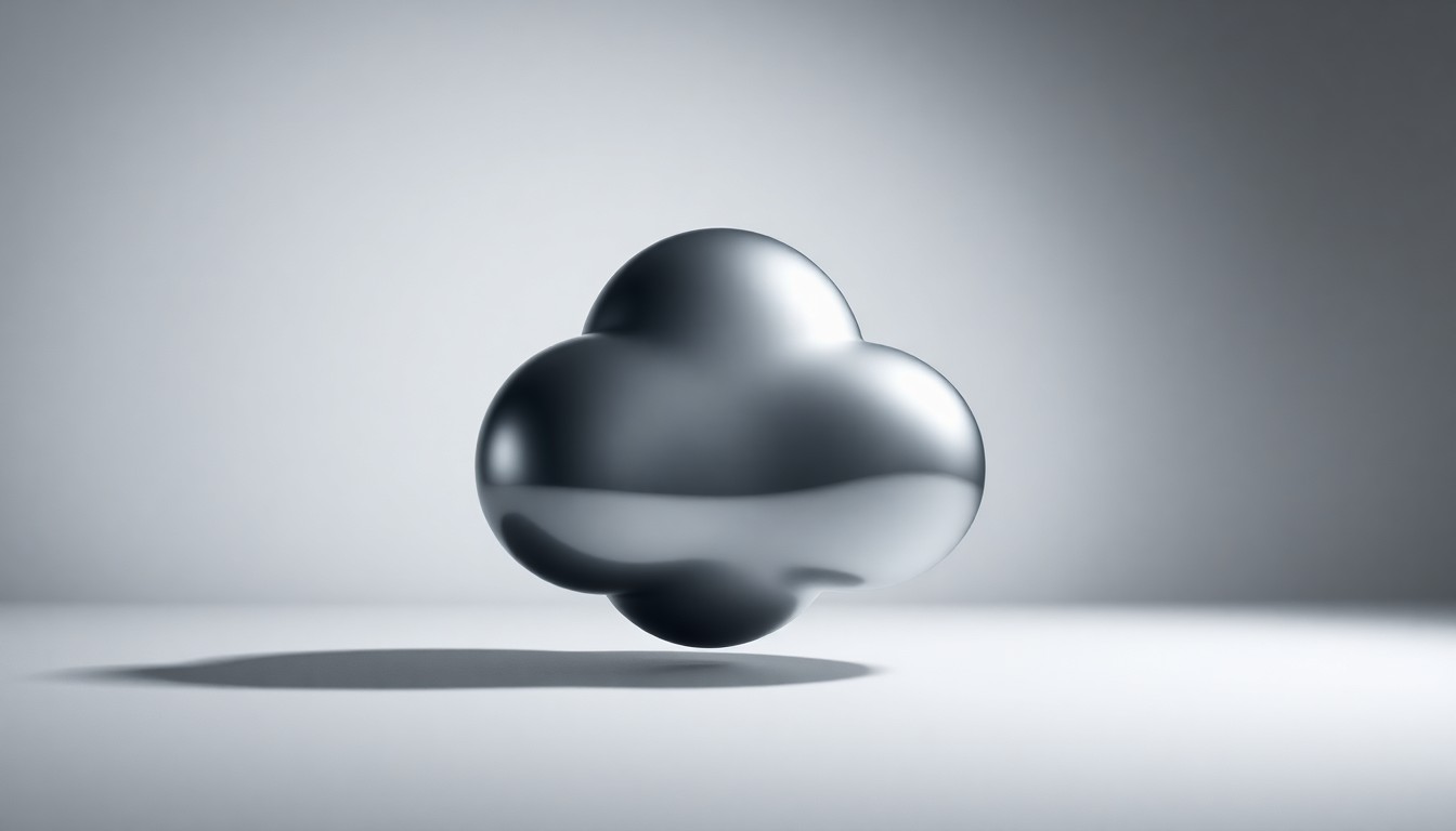 A highly polished, geometric metal sculpture or abstract object representing cloud computing and software as a service, floating on a clean, monochromatic background and dramatically lit to symbolize the volatility and uncertainty in the software industry.
