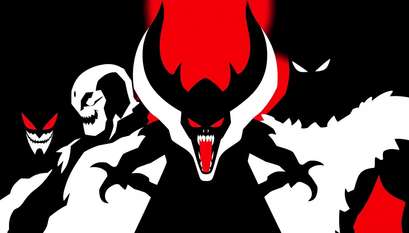 A striking, abstract illustration featuring bold, jagged shapes and silhouettes in high-contrast colors, conceptually representing the unique and unexpected villains of the Masters of the Universe franchise.