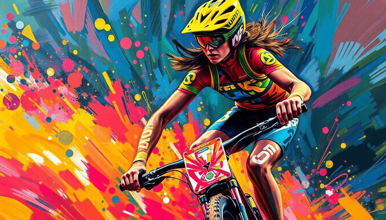 An abstract, expressionist painting in vibrant neon colors, capturing the dynamic motion and raw power of a downhill mountain biker in mid-race, with the rider's features and bike details dissolving into energetic brushstrokes.