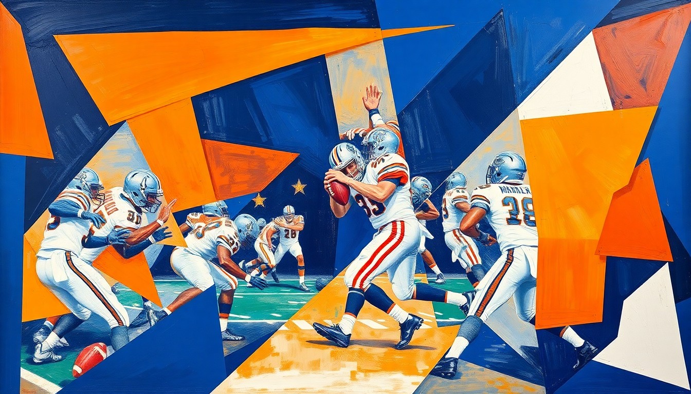 A cubist, geometric painting depicting a football player in motion, with sharp, overlapping shapes and planes in vibrant colors representing the dynamic action of the game.