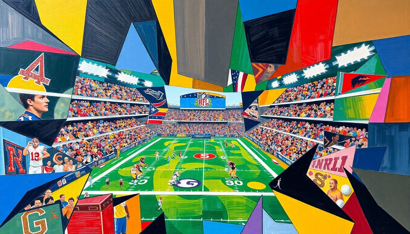 A cubist, geometric painting depicting a fragmented, multi-angled view of a football game or NFL draft event, with sharp planes of color representing the teams and players involved.