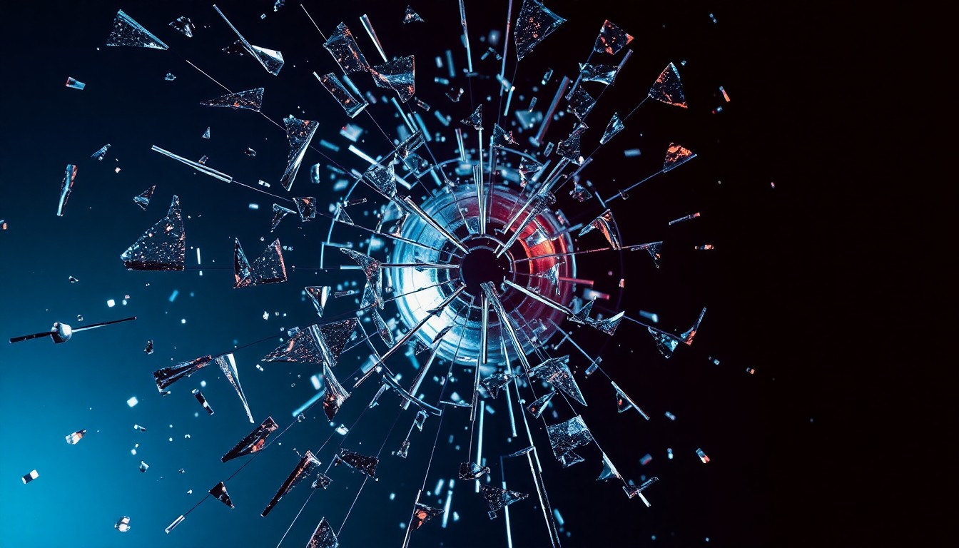 An extreme close-up of shattered glass reflecting a faint red light, conceptually representing the paradoxical nature of Iceage's new album.