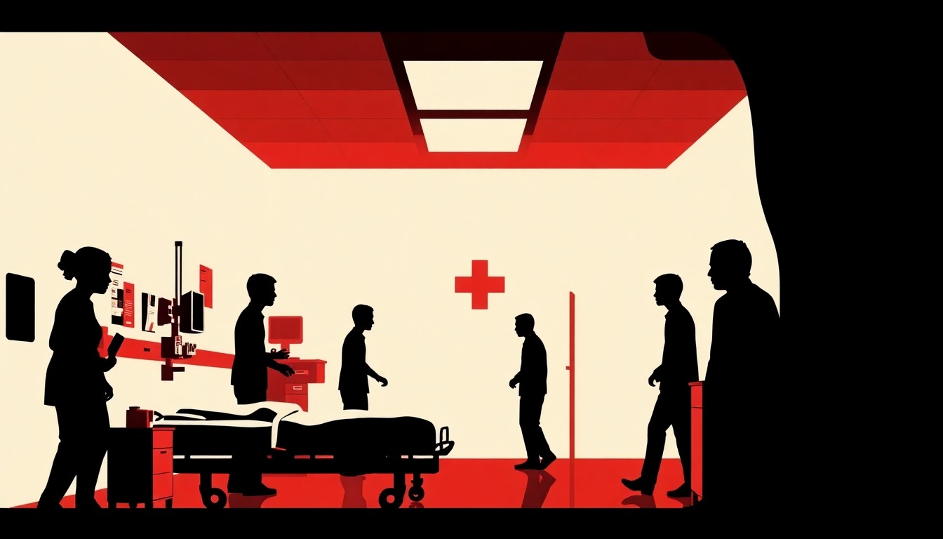 An abstract, minimalist illustration featuring sharp, angular black shapes and silhouettes against a stark white background, conceptually representing the high-intensity world of a hospital emergency room.