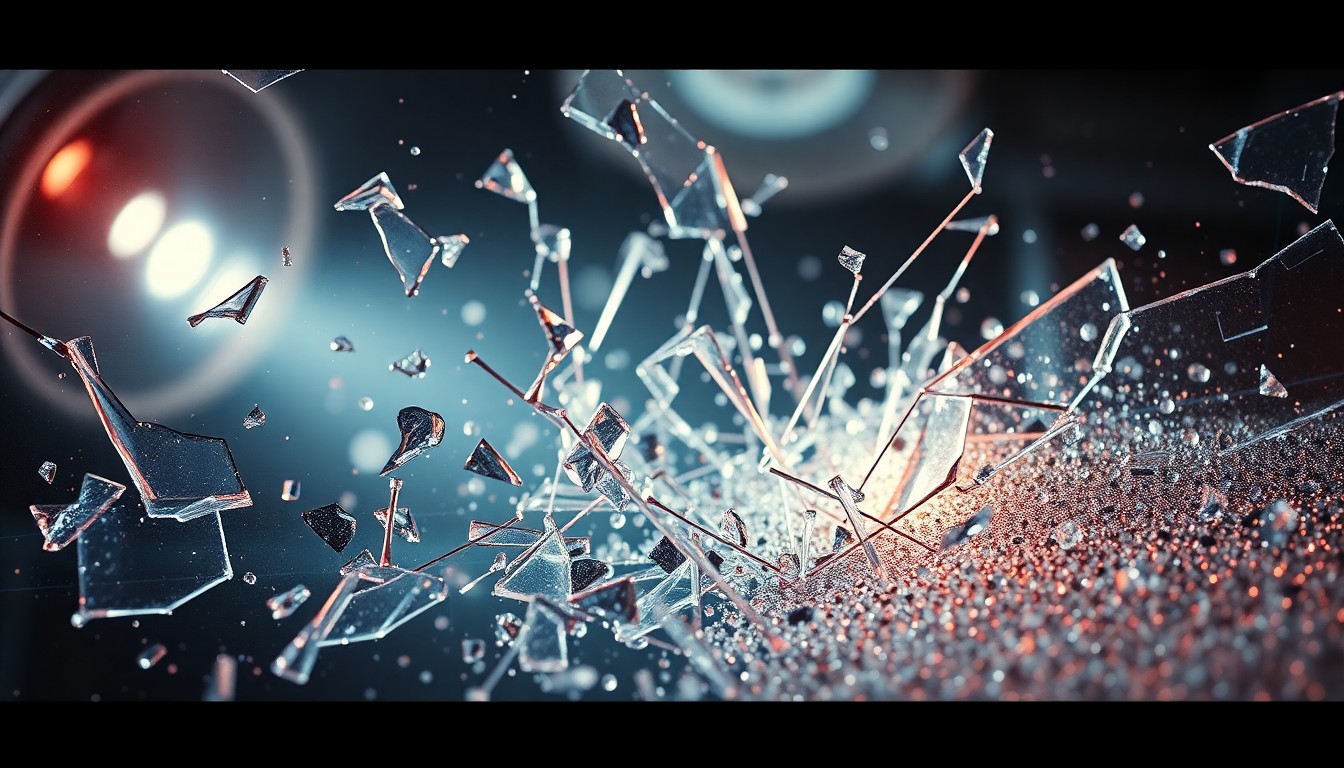 An extreme close-up of shattered glass and metallic medical equipment textures, captured in high-contrast studio lighting, conceptually representing the dramatic changes in the medical drama 'The Pitt'.