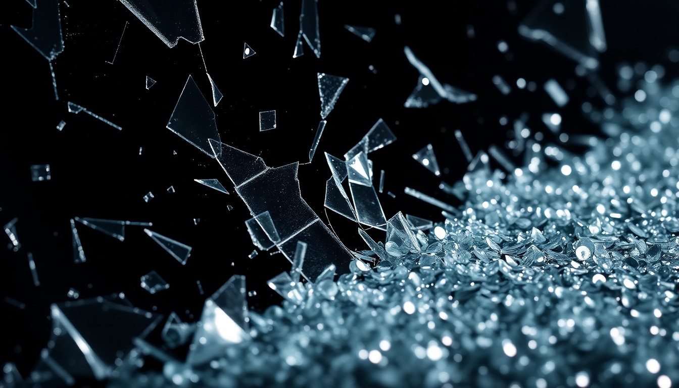 An extreme close-up of shattered glass and glittering sequins, conceptually representing the duality of Hollywood's glamour and the shadows of scandal.