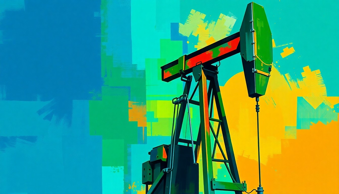 A dynamic, fractured painting depicting a Venezuelan oil well pump in shades of blue, green, and ochre, symbolizing the controversial nature of the U.S. oil deal with Venezuela.
