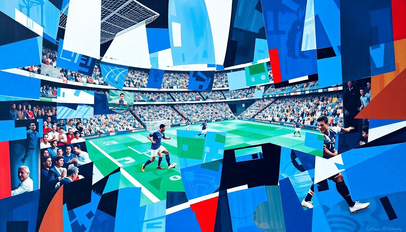 A cubist, geometric painting depicting a fragmented soccer match or competition, with sharp, overlapping planes of blue and white colors representing the Italian national team.
