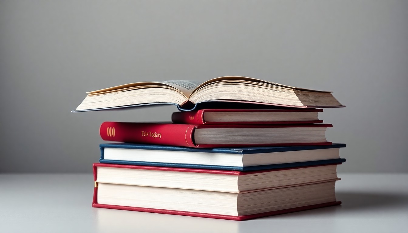 A high-end, photorealistic studio still-life photograph featuring a stack of open hardcover books in shades of navy, burgundy, and gold, conceptually representing the legacy and leadership of the women honored in the Global Dominion 100 publication.