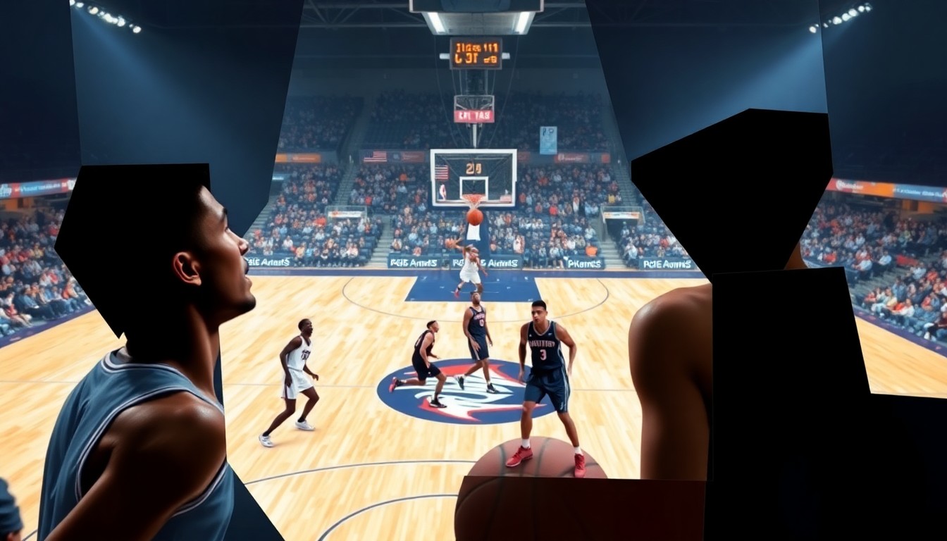 A fragmented, geometric painting depicting the abstracted forms of basketball players on a court, with the arena and spectators fading into the background, conveying the conceptual themes of personal narratives, integrity, and the lasting impact of actions in the world of college sports.