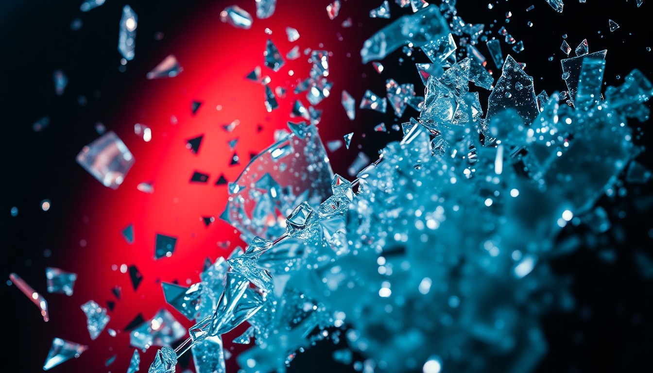 An abstract close-up photograph of shattered glass and glittering shards, capturing the fragility and artifice of modern institutions through dramatic high-contrast lighting and texture.