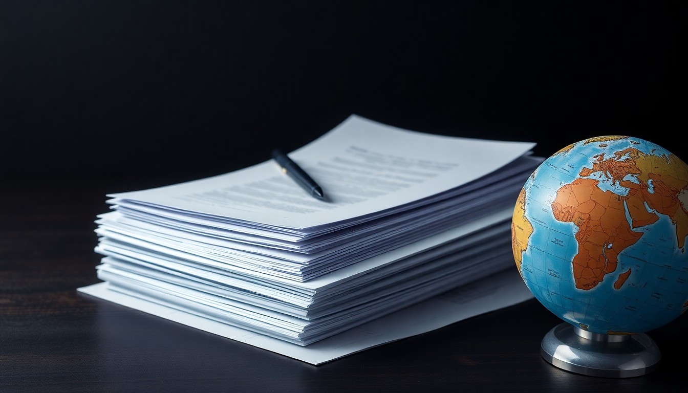 A photorealistic studio still life featuring a stack of documents, a pen, and a globe, representing the global scope and policy focus of Transparency International's anti-corruption efforts.
