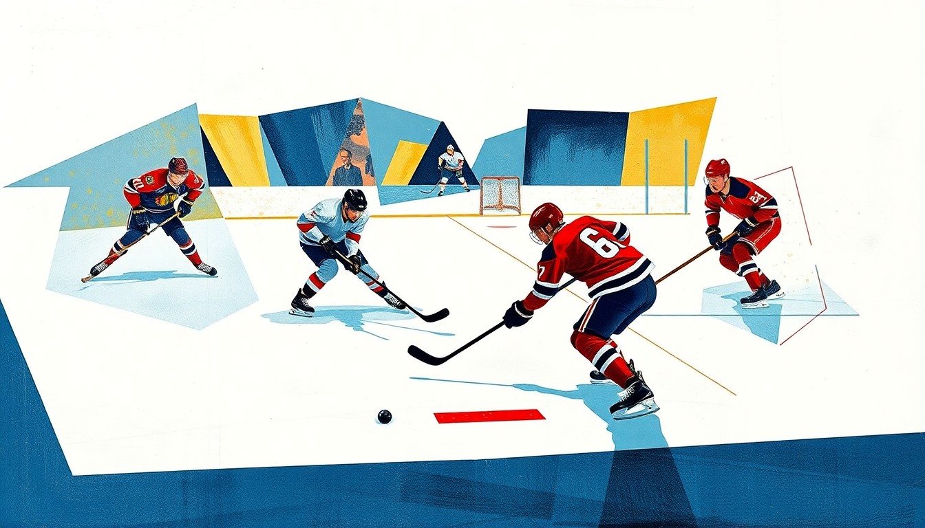 A fractured, geometric painting depicting the abstract forms of hockey players in motion, with the puck and ice surface represented through bold, angular lines and shapes, conveying the complex, multi-dimensional nature of Alex Ovechkin's potential retirement decision.