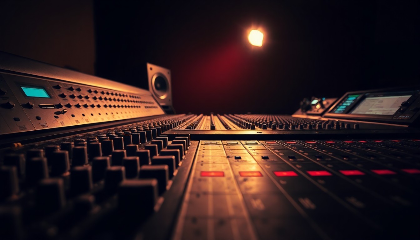 An extreme close-up photograph of the weathered, textured surface of a studio mixing console, captured in dramatic, high-contrast lighting to convey the gritty, hands-on craft of music production.