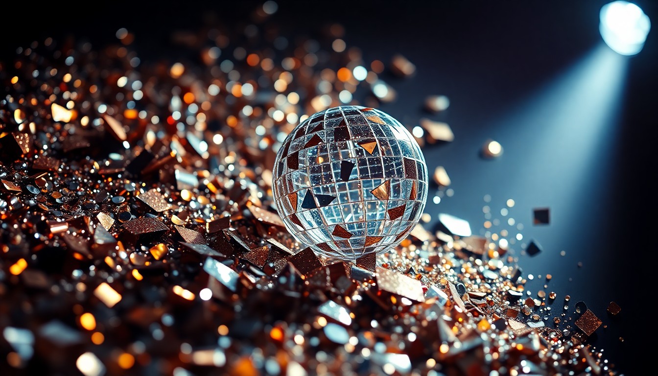 An abstract close-up image featuring a textured, glittering surface of sequins and shattered glass, capturing the glamorous and energetic spirit of a Broadway musical production.