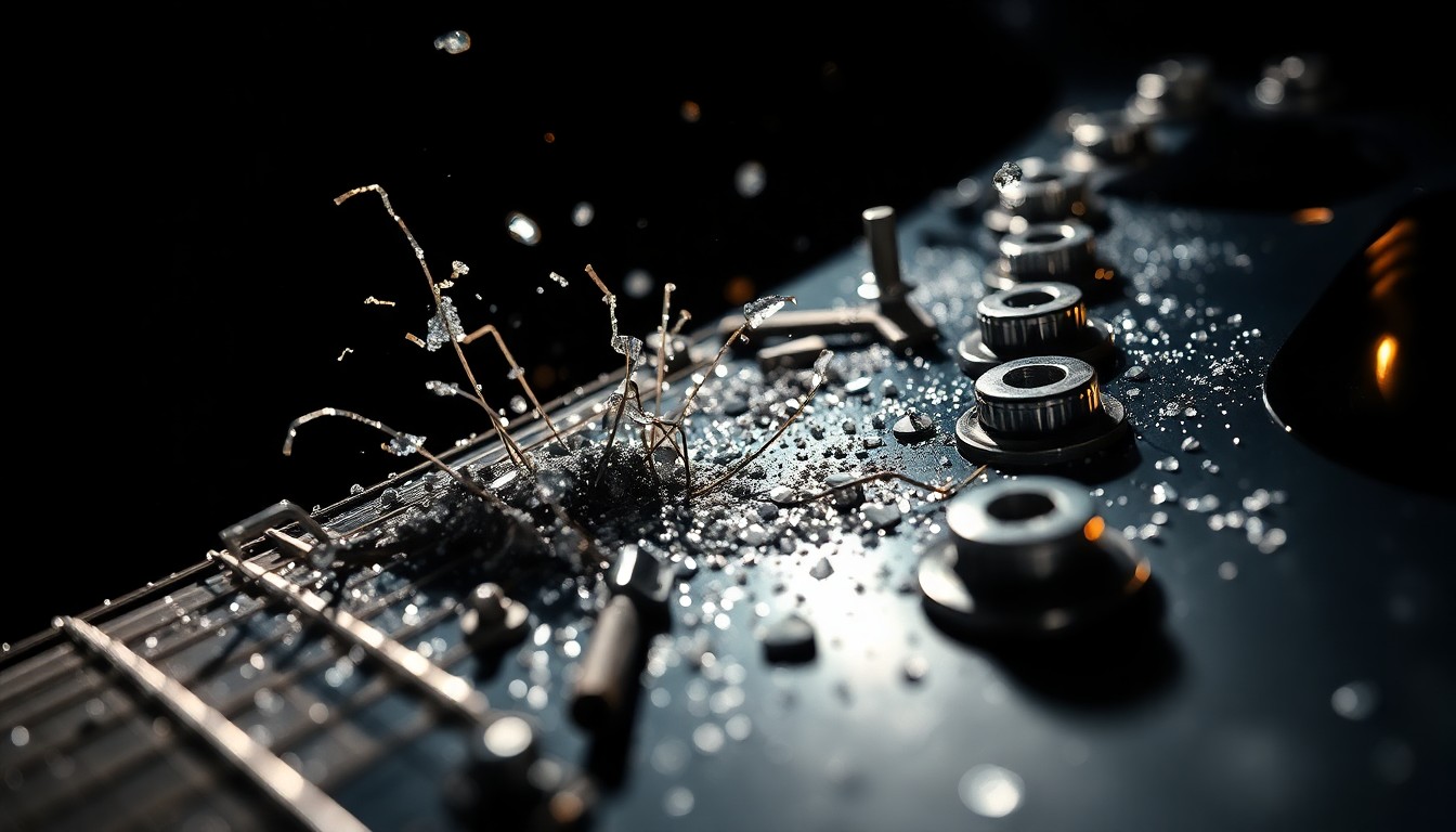 An abstract, high-contrast close-up photograph showcasing the intricate textures and hardware of electric guitar strings and metal components, conveying the technical mastery and combustible energy of thrash metal music.