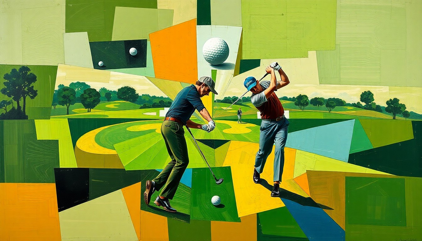 A cubist, geometric painting depicting the fractured movements and perspectives of a golfer's swing and ball trajectory on a golf course, conveying the energy and complexity of the sport.