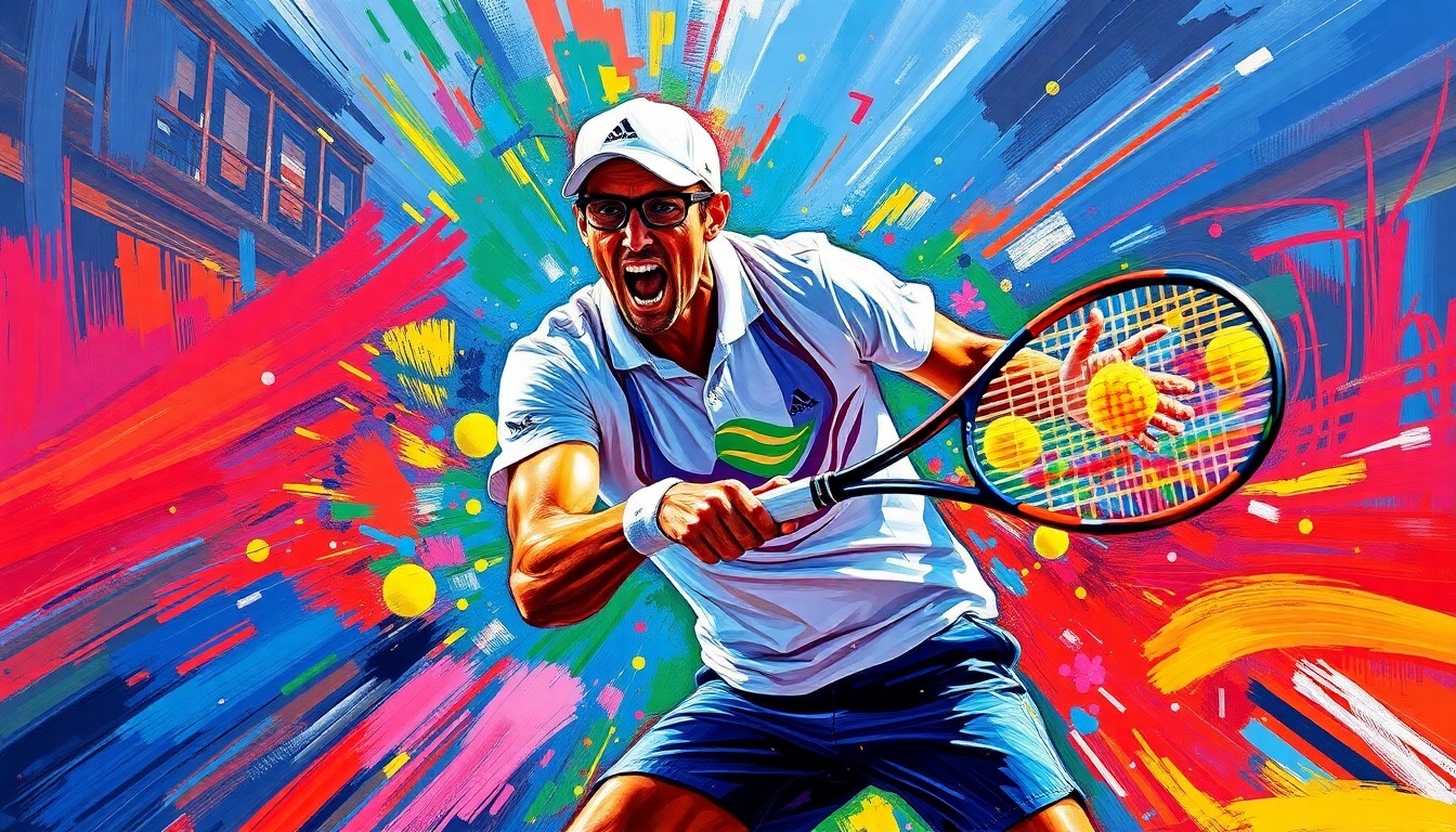 An abstract, expressionist painting in neon colors depicting the dynamic movement and energy of a tennis player in action, conceptually representing the rising star Talia Gibson's remarkable success.