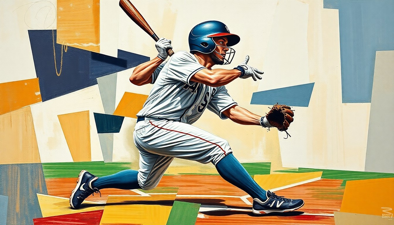A cubist-style painting depicting a baseball catcher in action, with their body and equipment broken down into sharp, overlapping geometric shapes and planes, capturing the dynamic movement and energy of the sport.