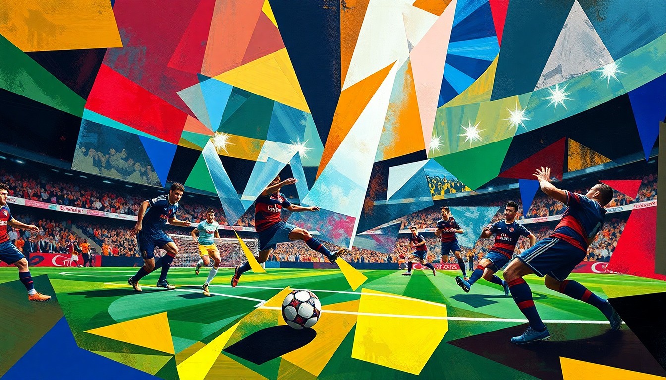 A cubist-style painting depicting the final moments of the Arsenal vs. Sporting Champions League match, with the players' movements and the ball's trajectory represented through bold, angular shapes and vibrant colors.