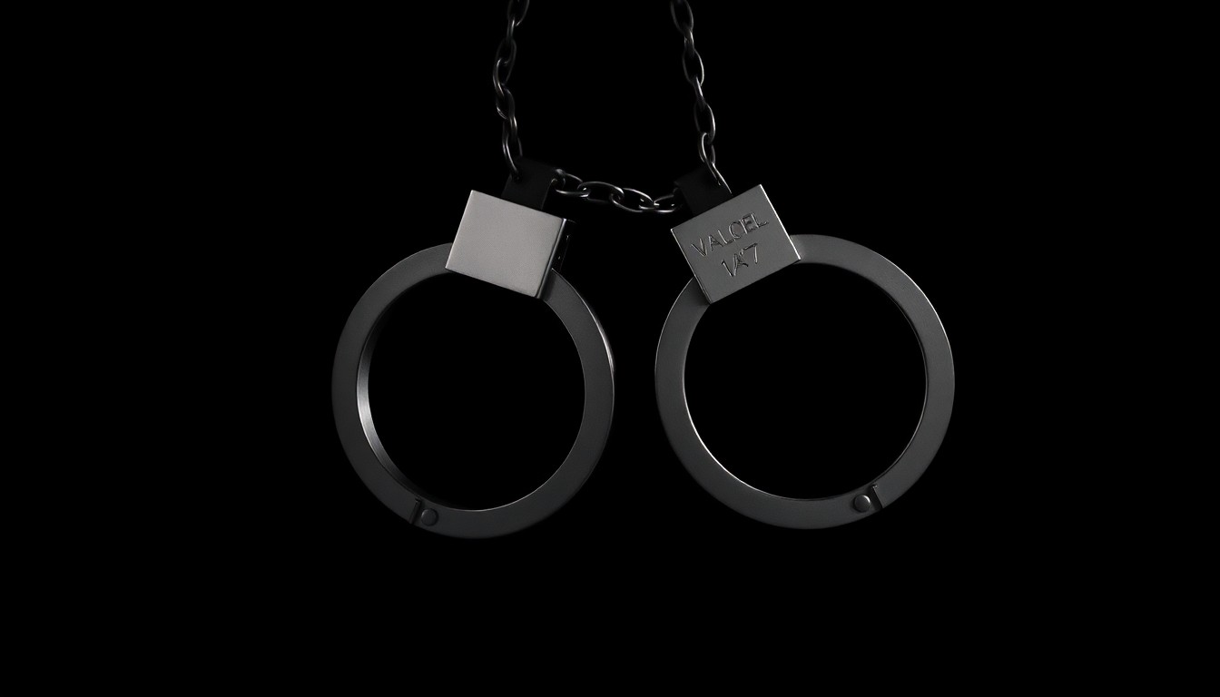 An extreme close-up of a pair of handcuffs against a pitch-black background, the metal reflecting the harsh light of the camera flash, conveying a sense of urgency and the need for tighter security measures.