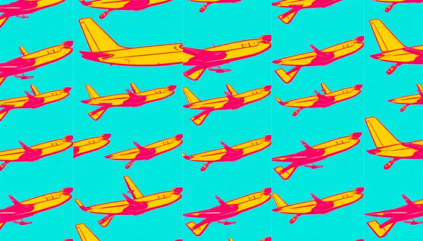 A vibrant, high-contrast silkscreen illustration of a vintage airplane repeated in a grid pattern, capturing the nostalgic spirit of mid-20th century aviation.