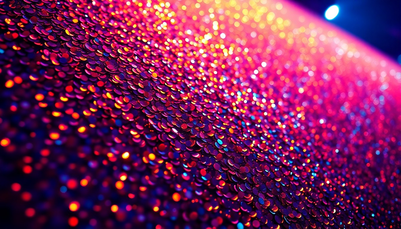 An extreme close-up photograph of a shimmering, glittering sequin texture in high-contrast studio lighting, conveying the glamour and excitement of a live music event.