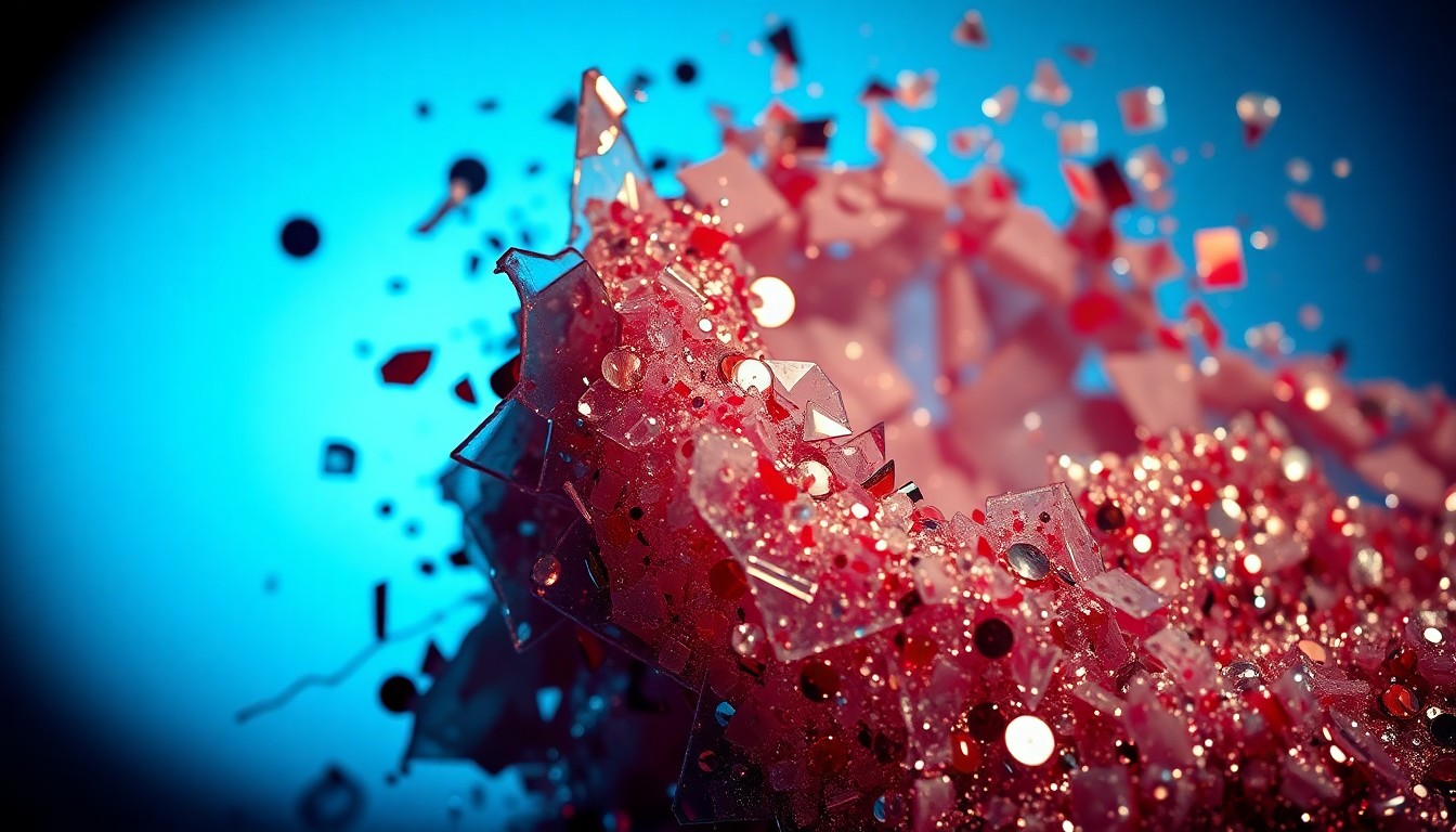 An abstract close-up image featuring shattered glass and glittering sequins, captured in dramatic, high-contrast studio lighting to evoke the glamour and emotional intensity of the 'Love Story' series.