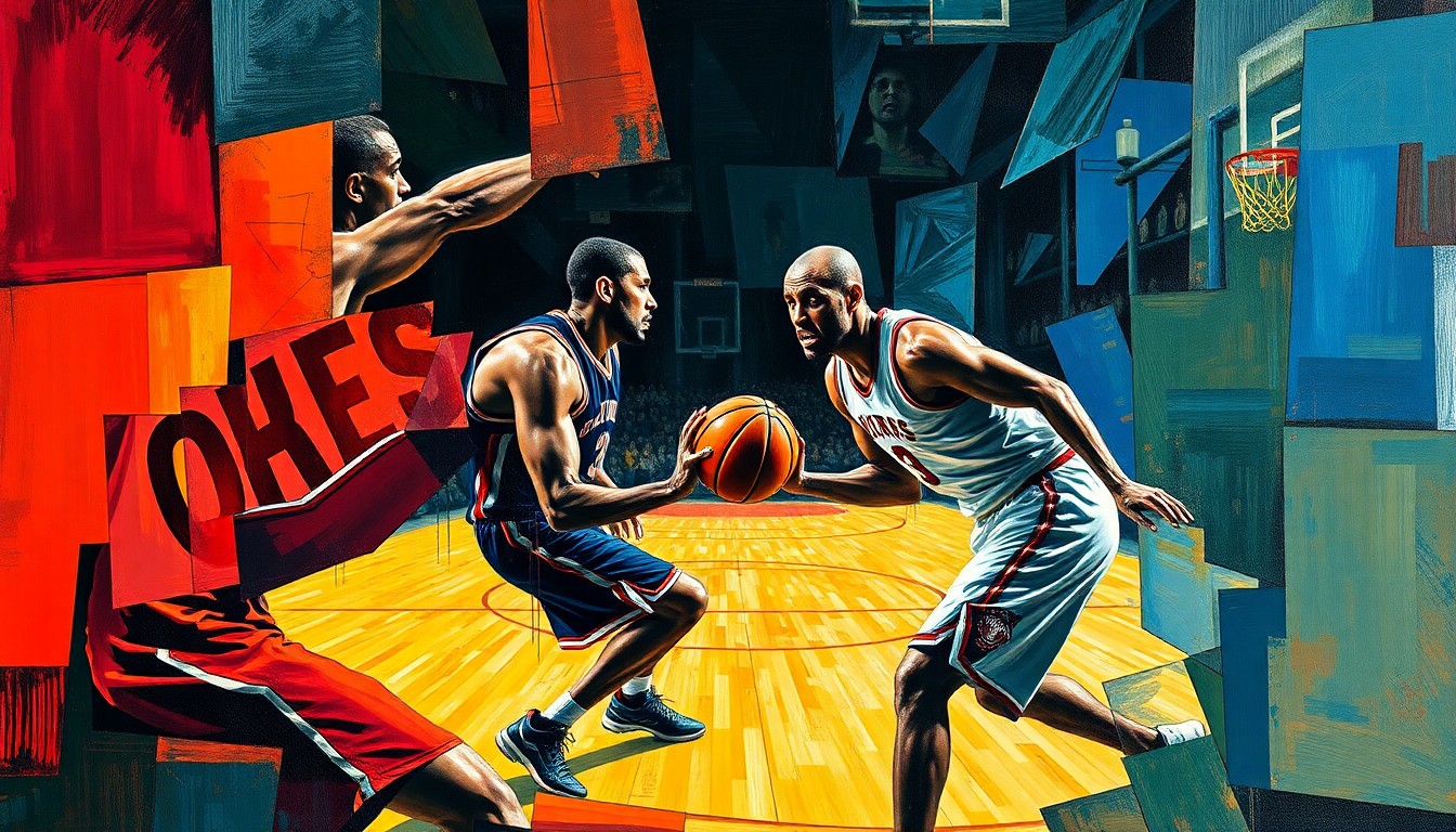 A fragmented, geometric painting depicting the confrontation between two basketball players, with sharp lines and overlapping shapes conveying the tension and energy of the moment.