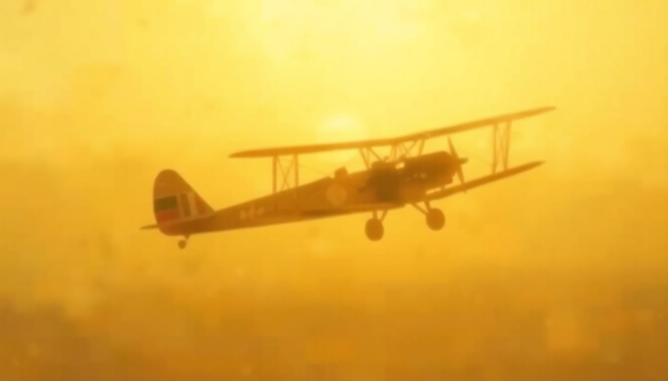 An abstract, out-of-focus photograph depicting a hazy, dreamlike scene of a vintage biplane taking off against a warm, golden sky, conveying the timeless allure of aviation.