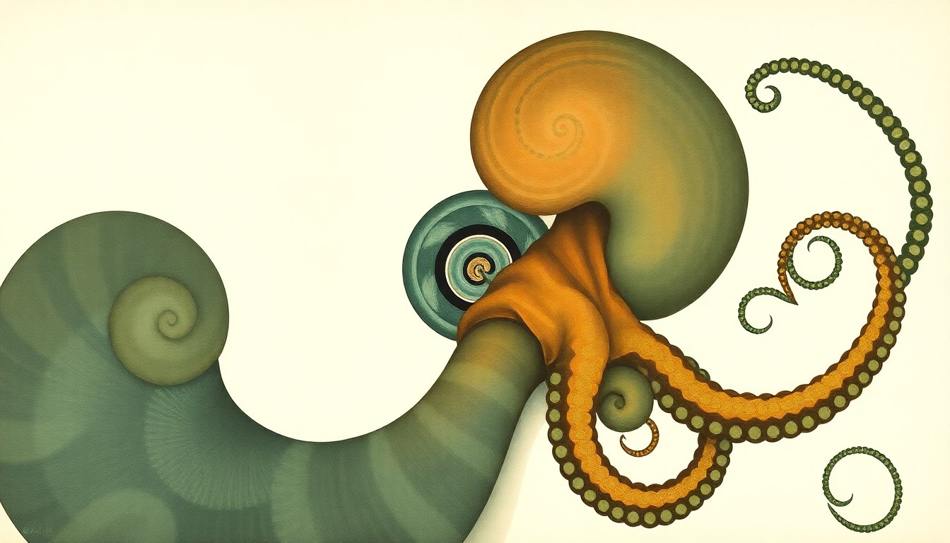 An abstract painting in soft, earthy tones featuring sweeping geometric arcs, concentric circles, and precise botanical spirals, conceptually representing the evolutionary relationship between ancient nautiloids and modern octopuses.