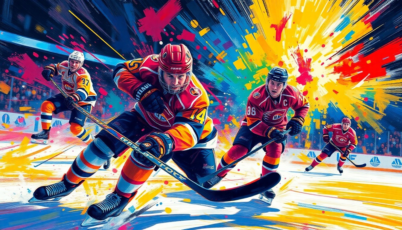 An abstract, expressionist painting in vibrant neon colors capturing the raw intensity and movement of a hockey game-winning goal, with the puck and players' forms dissolving into a blur of energetic brushstrokes.