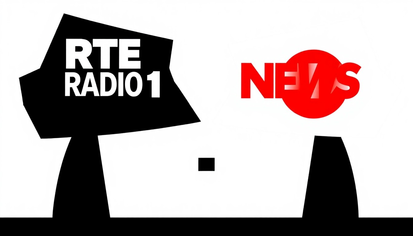 An abstract, minimalist composition featuring bold, jagged shapes in red and white, conceptually representing the competitive tension between two radio stations vying for audience attention.