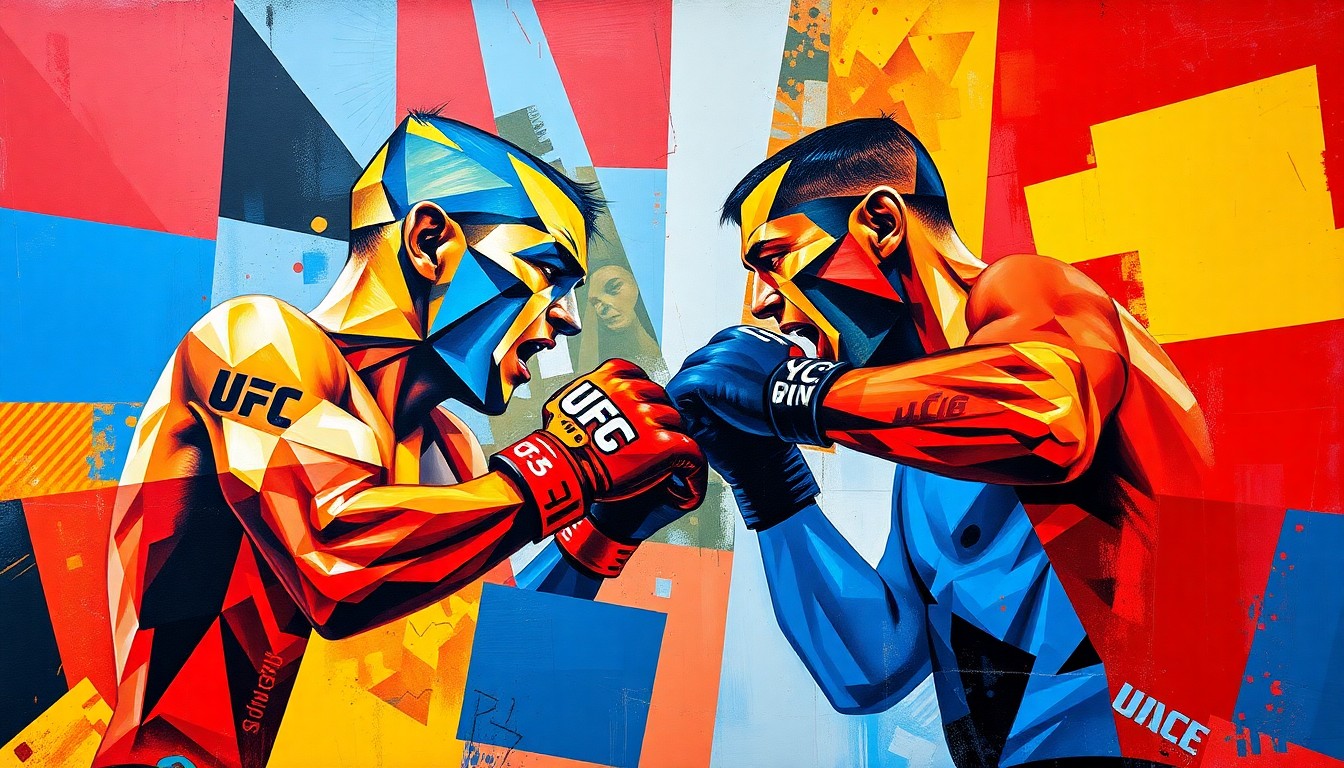 A fragmented, geometric painting depicting the dynamic movements and intensity of a UFC middleweight fight, with sharp planes of color and form representing the strategic considerations behind the matchup.