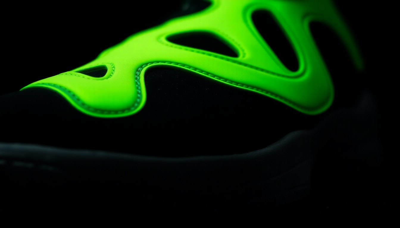 An extreme close-up photograph of the vibrant neon-green overlays and black suede base of the Travis Scott x Jordan Jumpman Jack sneaker, capturing the shoe's striking high-contrast aesthetic through dramatic studio lighting and focus on the luxurious materials.