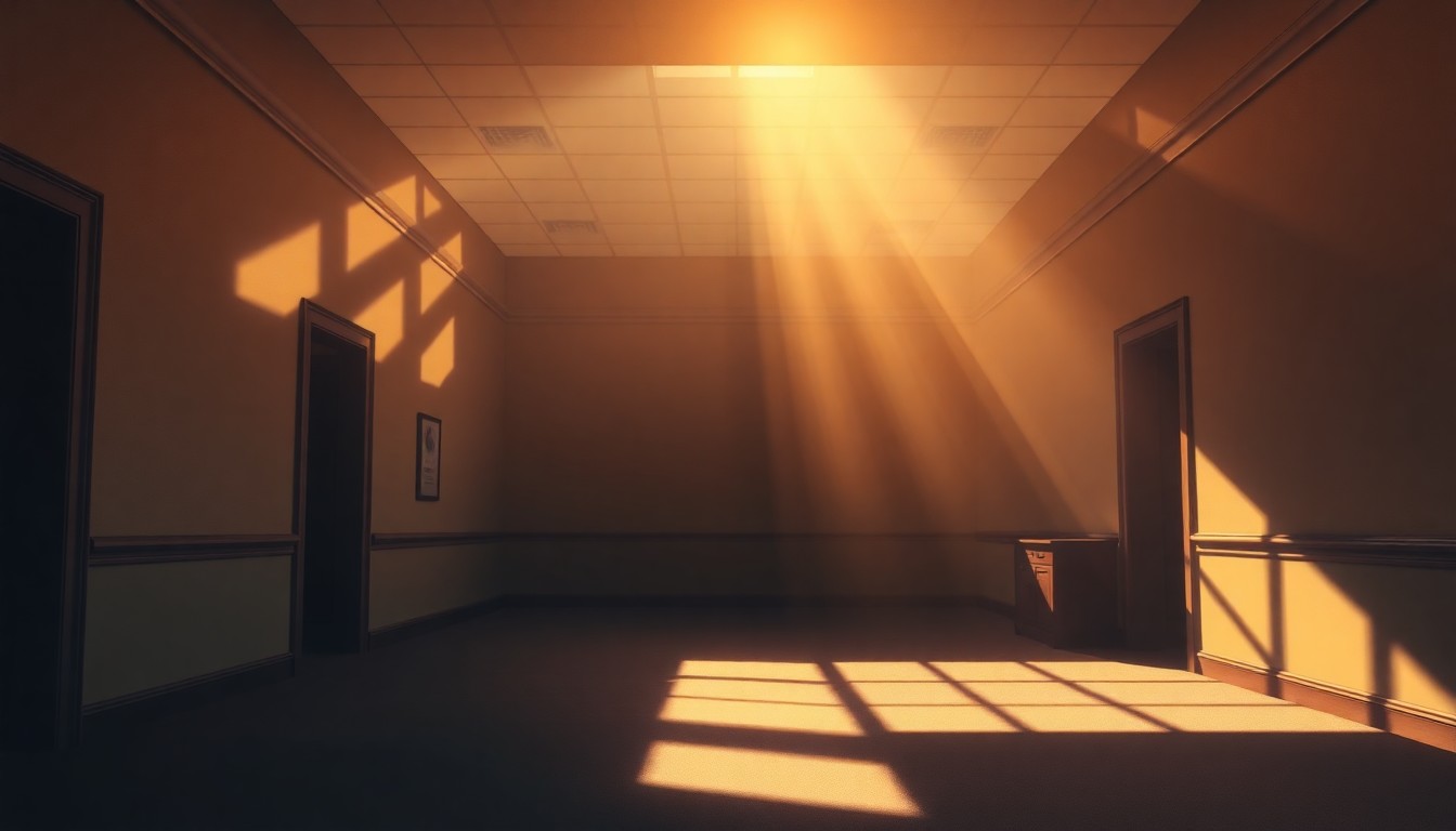 A dimly lit, cinematic painting of an empty government office space, with sunlight streaming in through the windows and casting long shadows across the desks and chairs. The scene conveys a sense of political tension and bureaucratic unease, without any specific details or identifiable elements.
