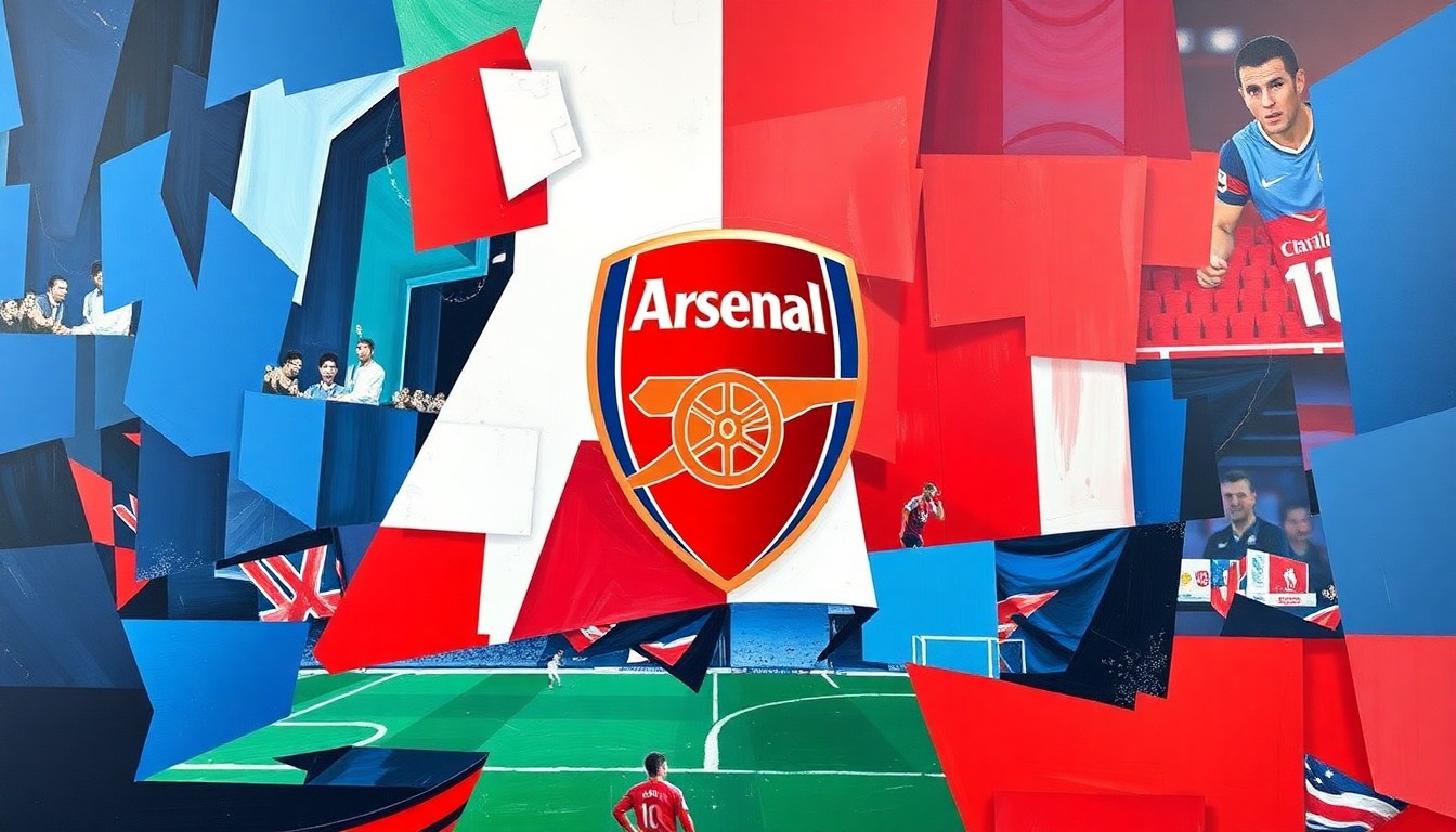A cubist-style painting depicting an abstract, fragmented scene of a Champions League football match, with sharp, overlapping geometric shapes in Arsenal's team colors of red, white, and blue.