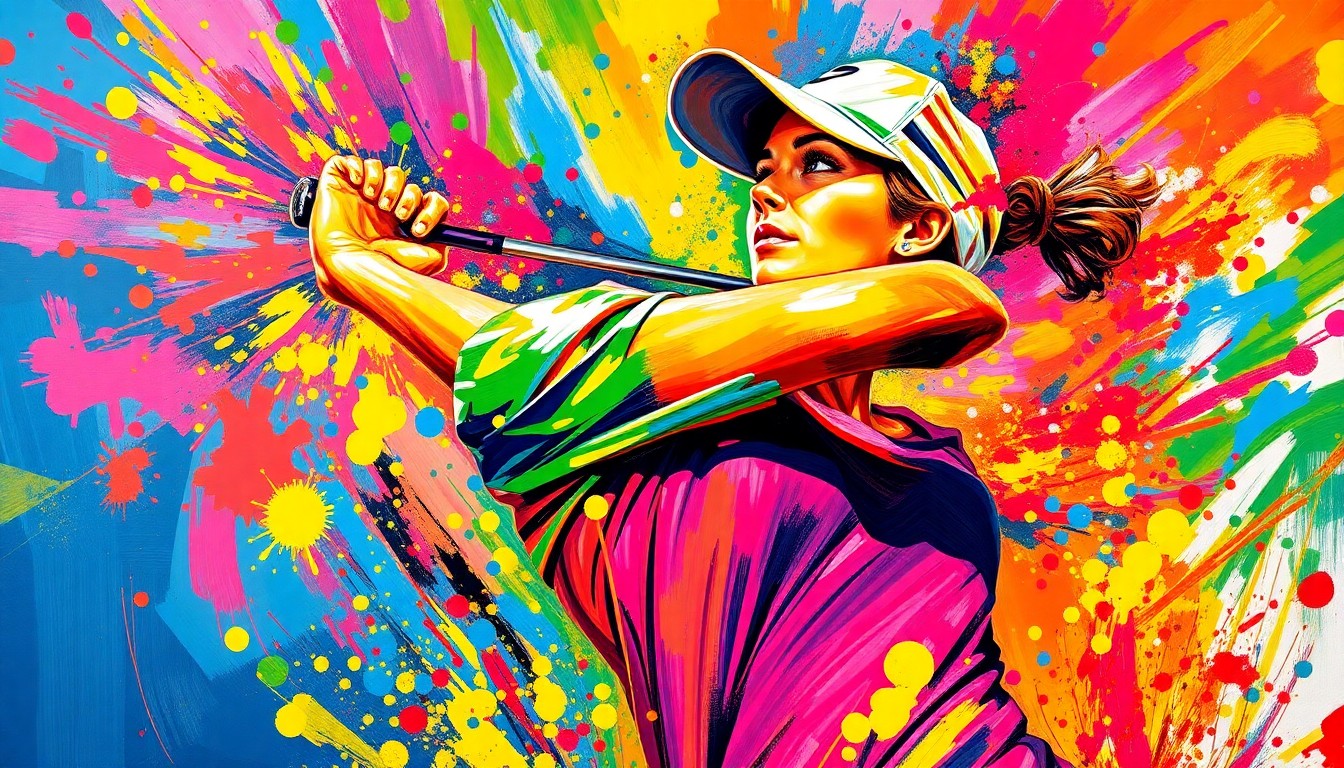An abstract, expressionist painting depicting the dynamic motion and energy of a female golfer mid-swing, with vibrant neon colors and rapid brushstrokes capturing the raw power and intensity of the moment.