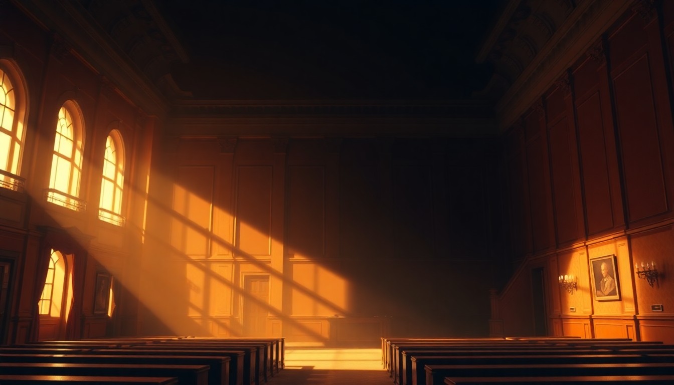A quiet, cinematic painting of an empty government office or legislative chamber, with warm sunlight streaming through the windows and deep shadows cast across the desks and chairs, conveying a sense of solemnity and contemplation around the topic of executive rulemaking and constitutional separation of powers.