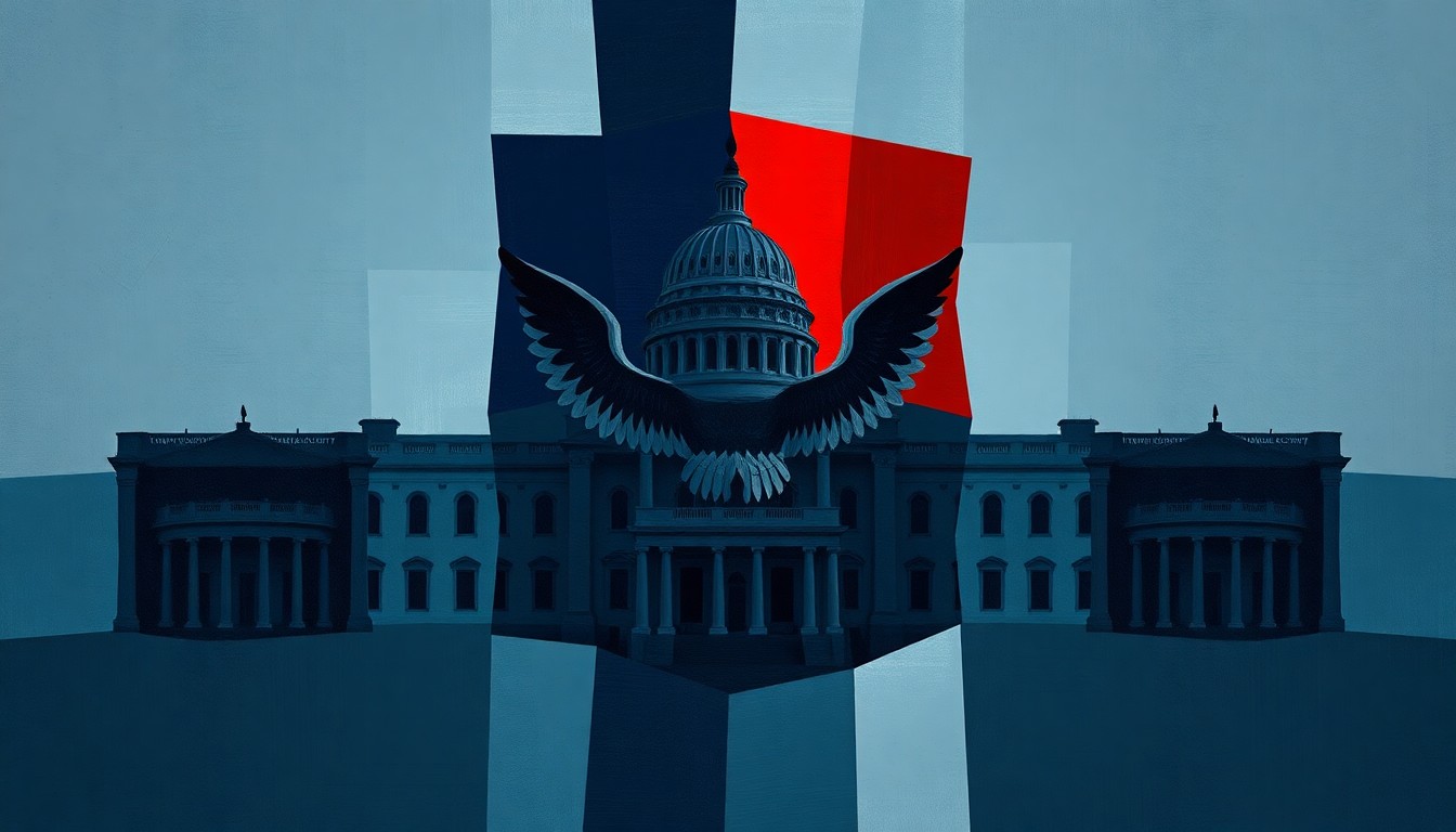 A fractured, abstract painting featuring overlapping geometric shapes and waves of dark blue, red, and grey colors, conceptually representing the political turmoil and gridlock surrounding the DHS shutdown.