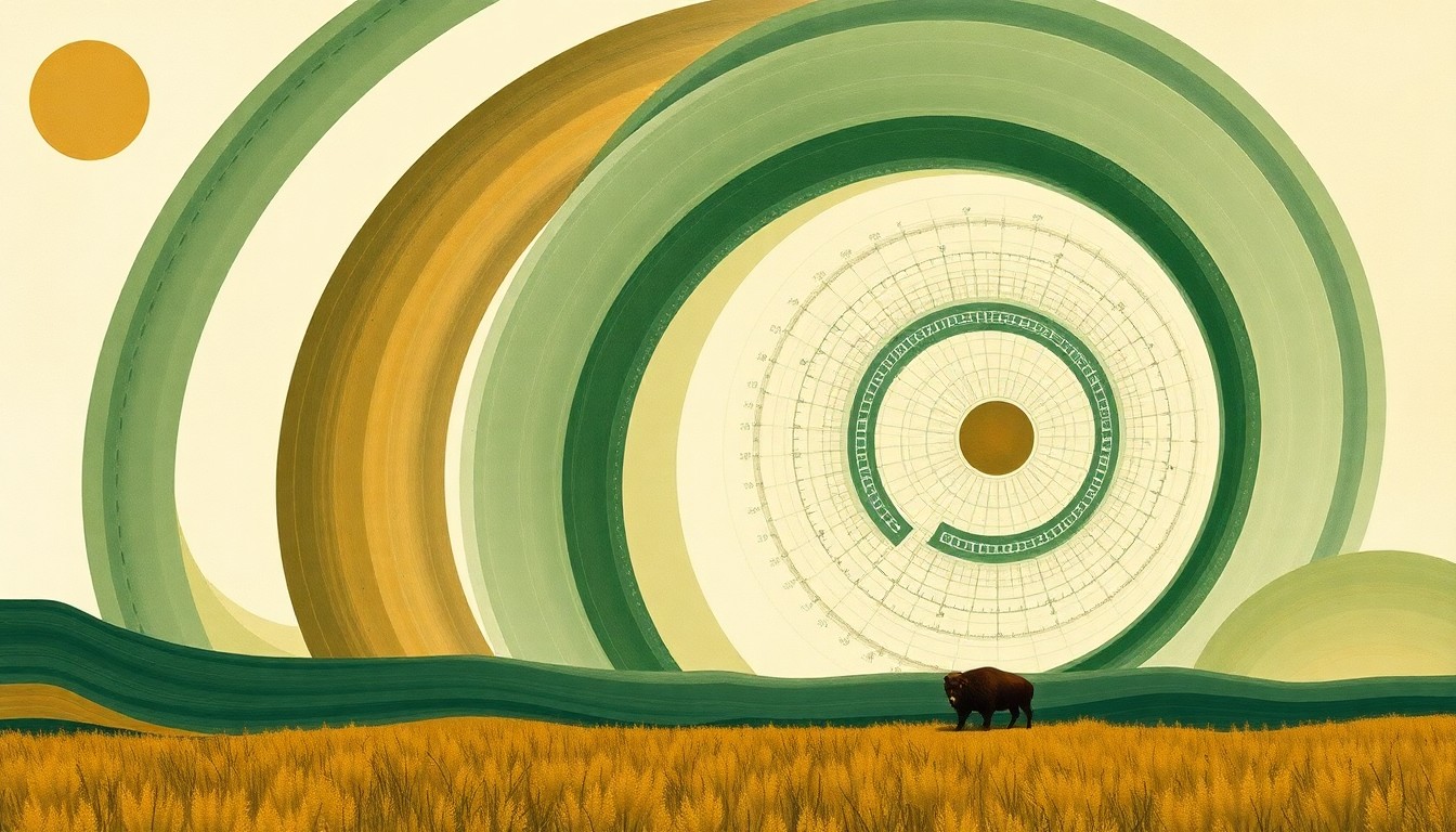 A bold, abstract painting in earthy tones of green, brown, and ochre, featuring sweeping geometric arcs, concentric circles, and precise botanical spirals, conceptually representing the complex ecological relationships and natural forces at play in the restoration of bison to the Kane County prairies.