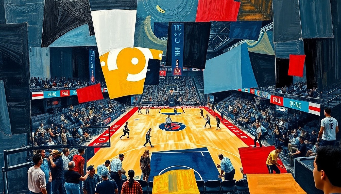 A cubist, geometric painting depicting a basketball game, with the players and court broken down into overlapping, angular shapes and planes in a vibrant color palette.