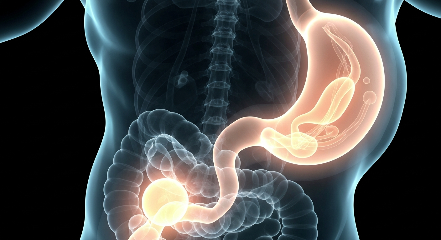 A ghostly, translucent X-ray photograph revealing the intricate structures and processes of the human digestive system, conceptually illustrating the complex biological mechanisms involved in weight regulation.